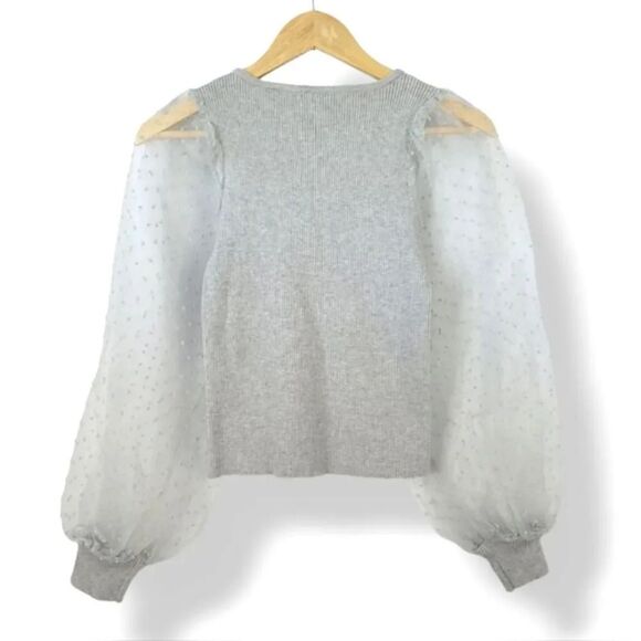 NEW Forever 21 Sheer Swiss Dot Puff Sleeve Rib Knit Sweater in Gray Size Small - Picture 5 of 13